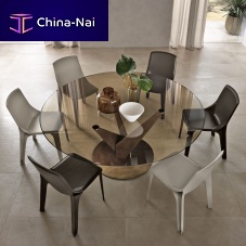 Contemporary dining table EPSYLON smoked glassbrass baseround