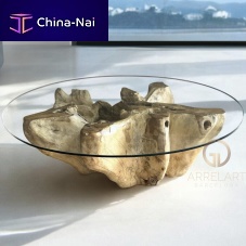 Contemporary coffee table INDRAglassteak baseround