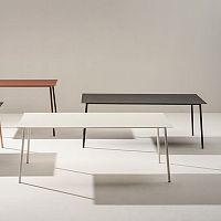 Contemporary table ONEMMsheet steelmetal baseoak base