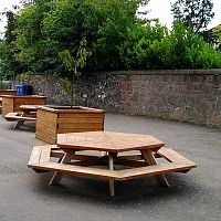 Contemporary table and bench set SPT303woodenoutdoorfor public space